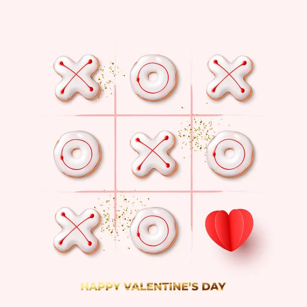 ハッピーバレンタインデーカード 現実的なXoクッキー 金のコンフェッティと紙の心で休日の背景 チックタックトゥゲームの概念 バレンタインデーのための3Dオブジェクトとベクトルイラスト — ストックベクタ