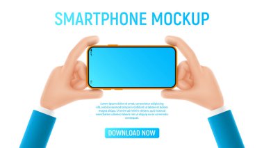 Çizgi film karakteri ve akıllı telefonlu bir model. Beyaz arkaplanda izole edilmiş çizgi filmlerdeki boş ekranlı akıllı telefon şablonu. Vektör illüstrasyon mobil aygıt kavramı.