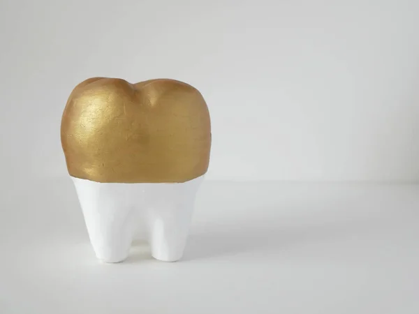 白色纪念牙隔离在白色桌子上 小猪银行 白色牙齿 顶部为金黄色 牙齿护理的概念 — 图库照片