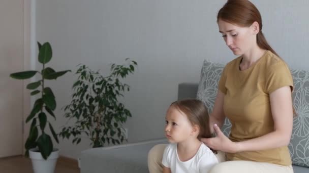 Hermosa Madre Peina Cabello Hija Pequeña Proceso Peinar Cabello Cabeza — Vídeos de Stock