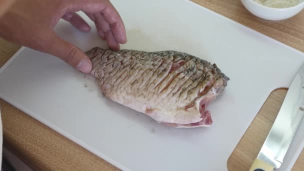 Close View Salting Freshwater Fish Process Cooking Preparing Fresh Cleaned — Stock Video