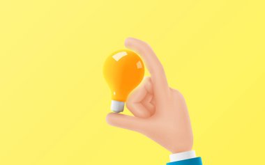 Çizgi film işadamının eli ampulü tutuyor. Ticari yaratıcı fikir kavramının vektör illüstrasyonu. Ampullü 3d illüstrasyon.