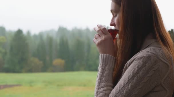 Entspannte Frau Mit Roten Haaren Trinkt Einem Herbstlichen Regentag Tee — Stockvideo