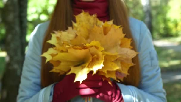 Woman Red Hair Shows Bouquet Maple Leaves Cute Woman Spend — Stock Video