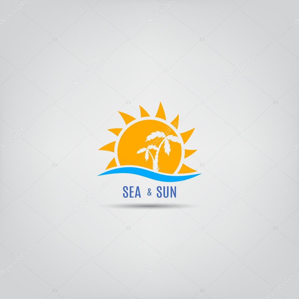 Concept of summer logo with summer sun, wave and palm trees.