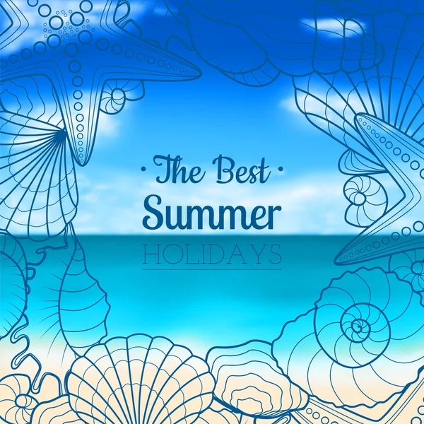 貝殻やヒトデとぼやけ夏の背景 — ストックベクタ