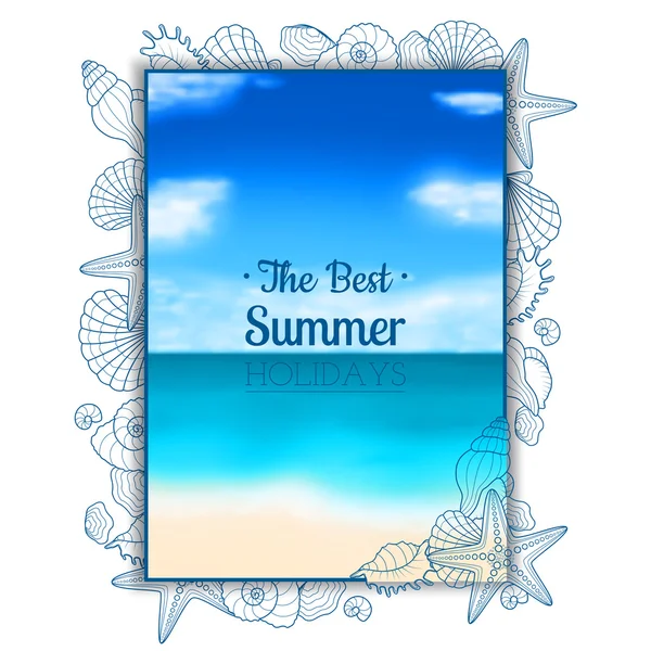 Blurred summer flyer with seashells and starfishes — Stock Vector