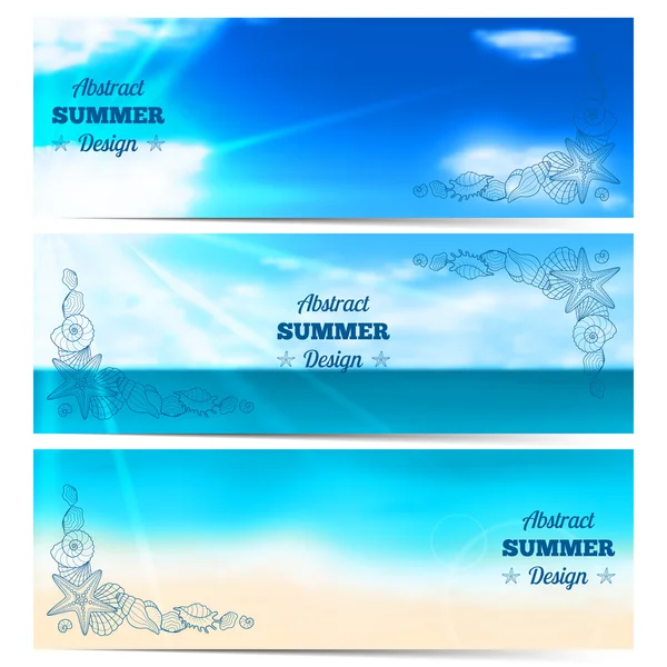 Trois bannières d'été floues avec coquillages et étoiles de mer . — Image vectorielle