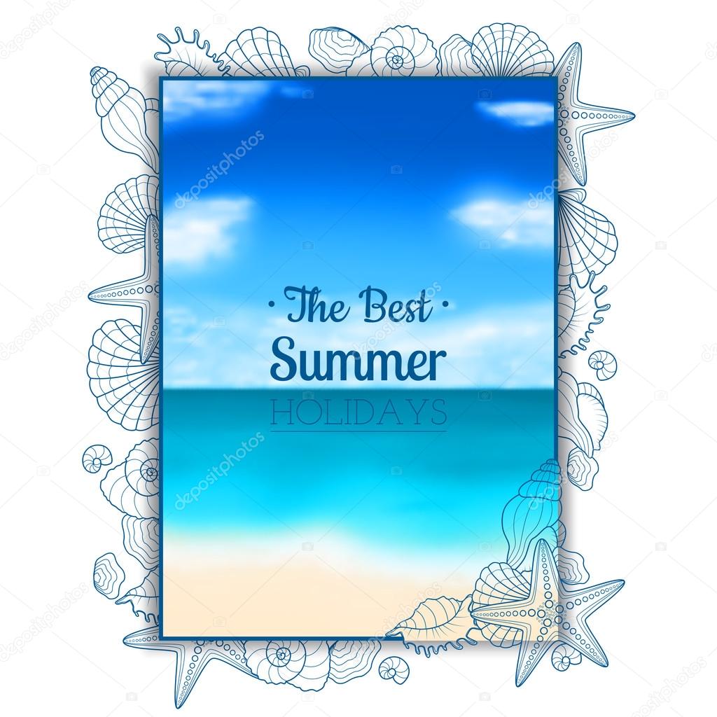 Blurred summer flyer with seashells and starfishes