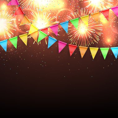 Vector illustration with fireworks and with a garland from flags and confetti clipart
