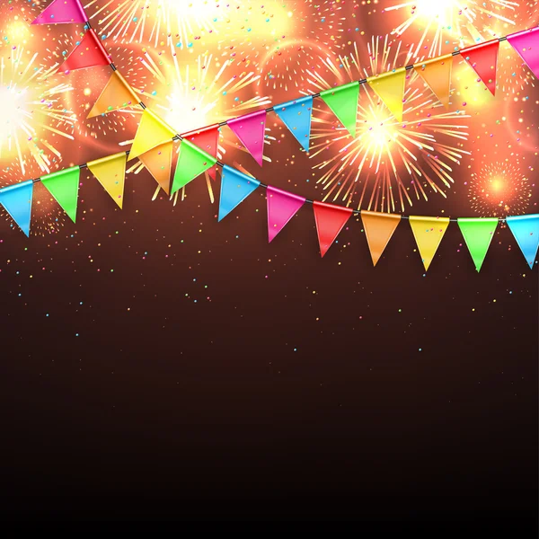 Vector illustration with fireworks and with a garland from flags and confetti — Stock Vector