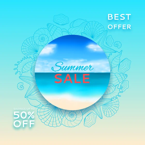 Blurred summer banner of sale with seashells and starfishes — Stock Vector