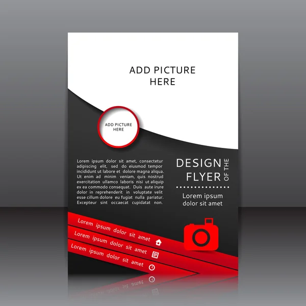 Vector ontwerp van de zwarte flyer met rode elementen en plaatsen voor afbeeldingen. — Stockvector
