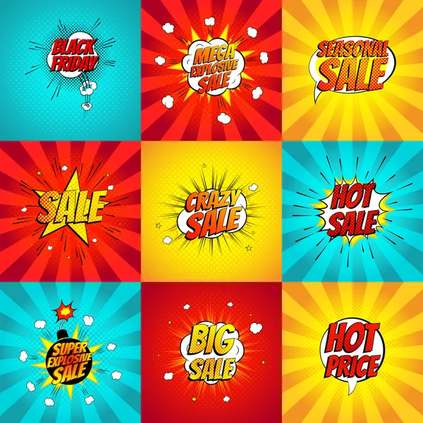 Pop art comic satış indirim promosyon vektör çizim seti