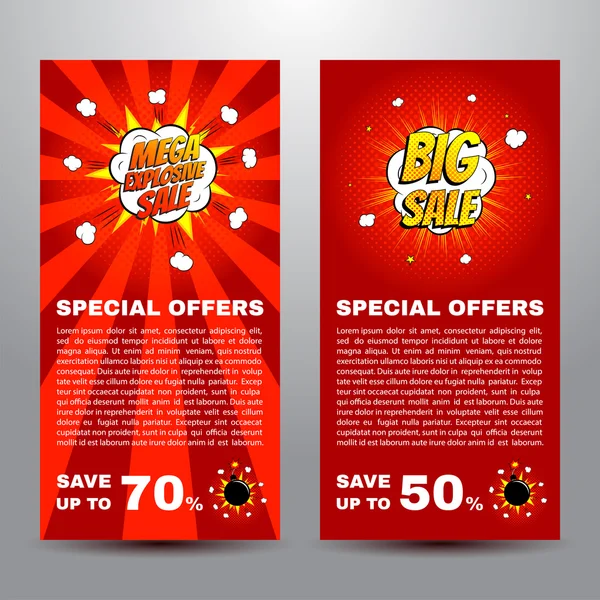 Pop arte quadrinhos venda desconto promoção banners —  Vetores de Stock