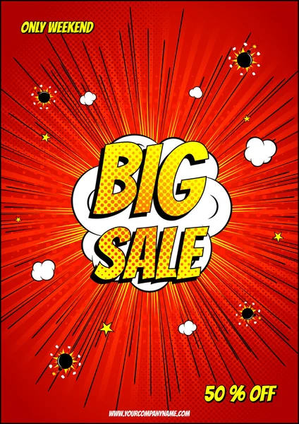 Conception de la flyer explosion rouge pop art vente bande dessinée promotion discount — Image vectorielle