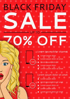 Red flyer of Black Friday sale with surprised woman and places for text in style pop art clipart