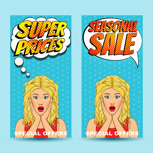Popart komische verkoop korting promotie banners met verrast vrouw met open mond en bellendiagrammen — Stockvector