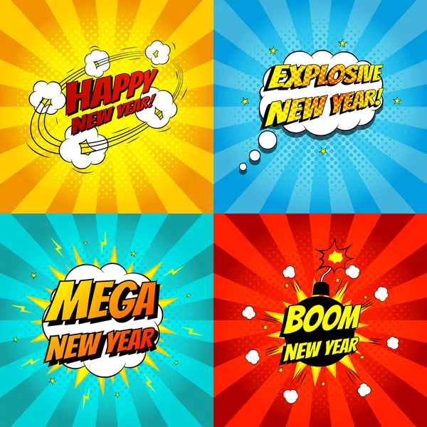 Conjunto de arte pop cómic feliz año nuevo vector ilustración — Vector de stock