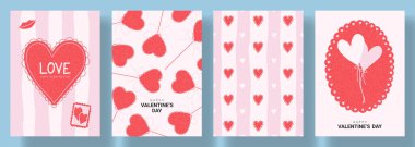 Sevgililer Günü kartlarının modaya uygun konsepti. Kalpli, lolipoplu, çerçeveli ve tipografi tasarımlı karalama tarzı posterlerin vektör çizimi. Sevgililer Günü kapak, damgalama ve reklamları için şablonlar.