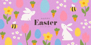 Sevimli Mutlu Paskalya bayrağı. Tavşanlı, yumurtalı, bahar çiçekli, sevimli arılı Paskalya vektörü. Parti tasarımı, kutlama, reklam, markalaşma, kapak, kart, satış, etkinlik için tatil kartı.