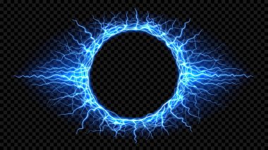 Parlak elektrik mermisi boşalması. Karanlık kareli arka planda izole edilmiş gerçekçi dairesel şimşek. Açık mavi parlak fırtına enerji elektrik portalı oluşturur.