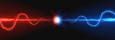 Kırmızı ve mavi yıldırımların destansı çarpışması. Koyu renkli bir arka planda gerçekçi şok patlamasının vektör çizimi, temalar, oyun ve spor afişlerine karşı mükemmel.