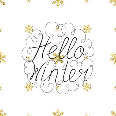 Merhaba kış altın arka plan kar taneleri ile glitter ve yazı kış