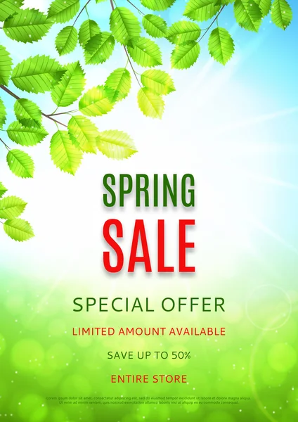 Design of the flyer of spring sale with leaves and sun. — Stock Vector