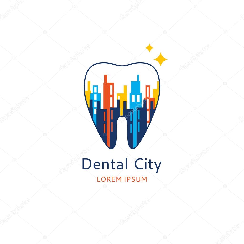 Vector concept of dental clinic. Template sing of stomatology company in the form of tooth and city.