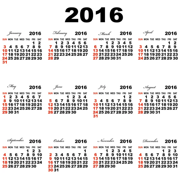 Calendario europeo del 2016 . — Vettoriale Stock