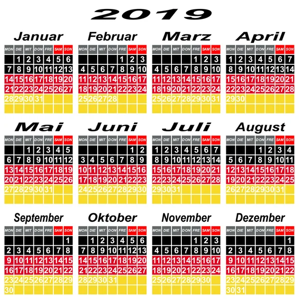 Germania calendario del 2019 . — Vettoriale Stock