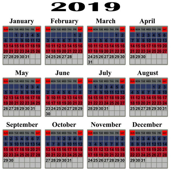 Calendario per l'anno 2019 . — Vettoriale Stock