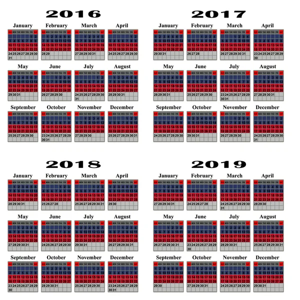 Calendar for 2016,2017,2018, 2019 year. — Stock Vector