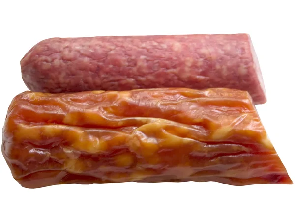 Geräucherte Wurst Salami isoliert auf weißem Hintergrund Ausschnitt. — Stockfoto