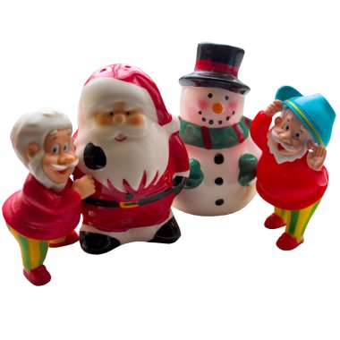 Noel Baba kırmızı ve beyaz bir arka plan üzerinde bir kardan adam oyuncakları.