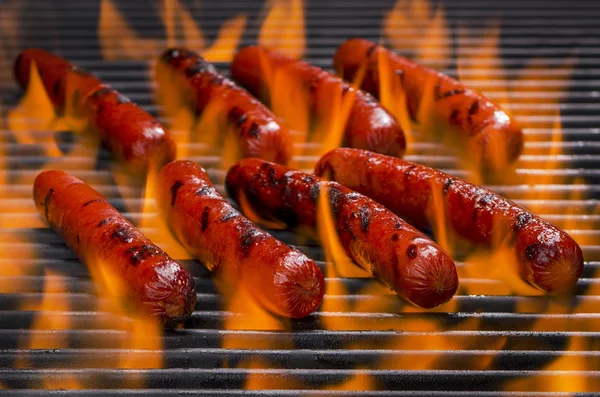 Perros calientes en una parrilla de barbacoa en llamas — Foto de Stock