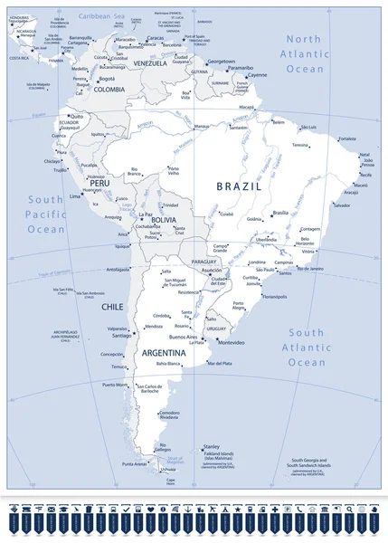 América do Sul Mapa detalhado e ponteiros —  Vetores de Stock