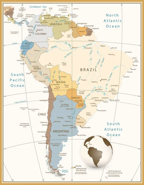 Sudamérica Mapa detallado Estilo retro — Vector de stock