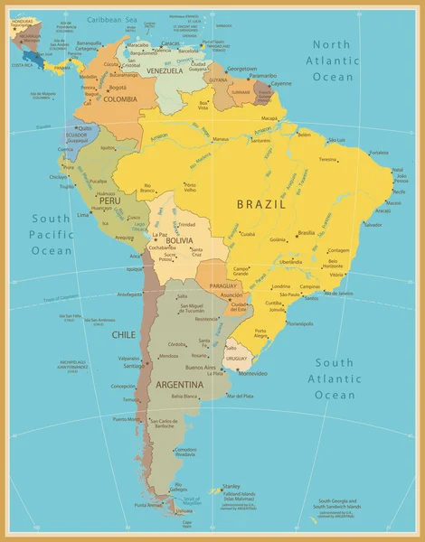South America Detailed Map Vintage Color — Stock Vector