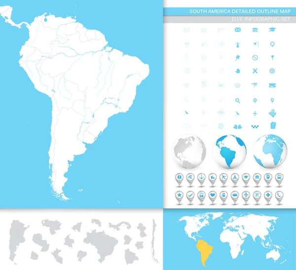 Sudamérica Mapa detallado del contorno — Archivo Imágenes Vectoriales