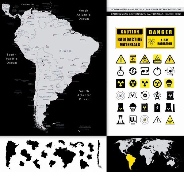 América del Sur Mapa y Energía Nuclear Iconos de Tecnología — Archivo Imágenes Vectoriales