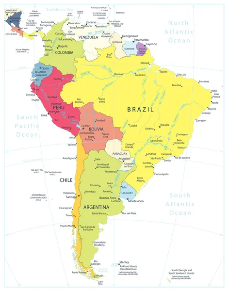 Südamerika detaillierte politische Landkarte isoliert auf weiß — Stockvektor