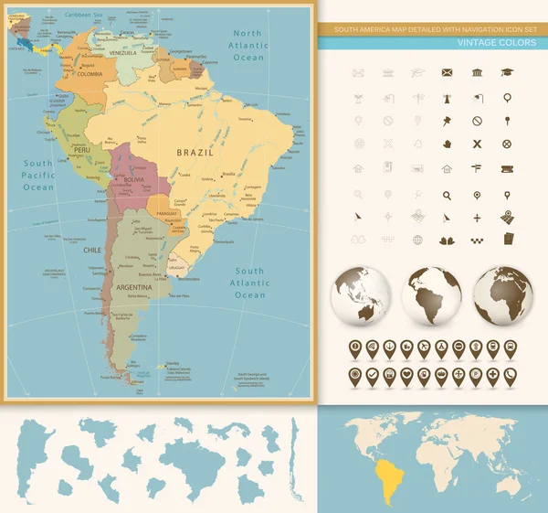 South America Map Detailed with Navigation Icon Set. Vintage Col — Stock Vector