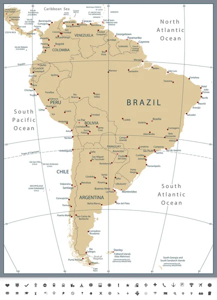 Mappa politica del Sud America e icone del glifo — Vettoriale Stock