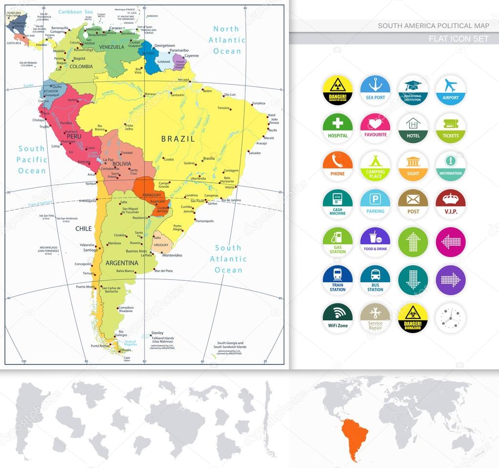 South America Political Map and Flat Icon Set