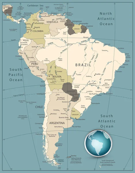 América do Sul Mapa altamente detalhado — Vetor de Stock