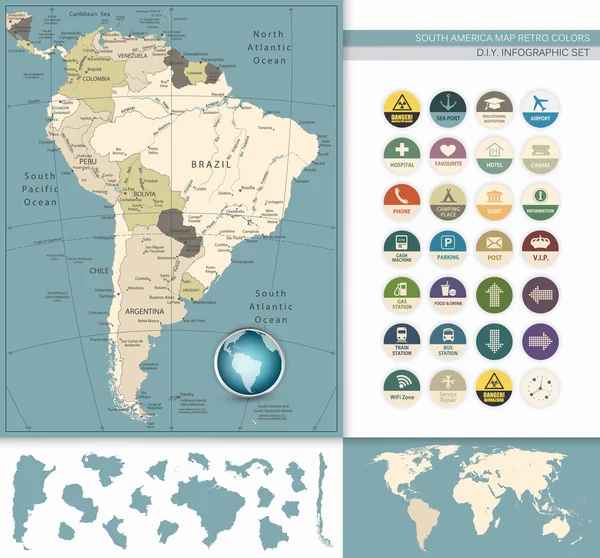 América do Sul Mapa Cores retrô e ícones planos —  Vetores de Stock
