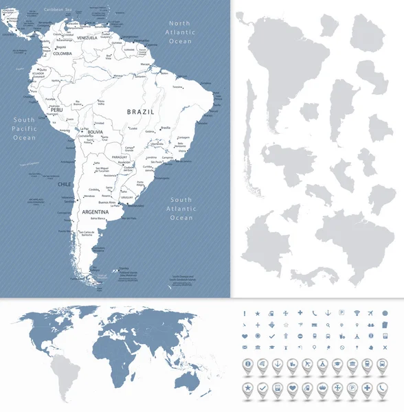 Güney Amerika son derece ayrıntılı harita ve Dünya Haritası — Stok Vektör