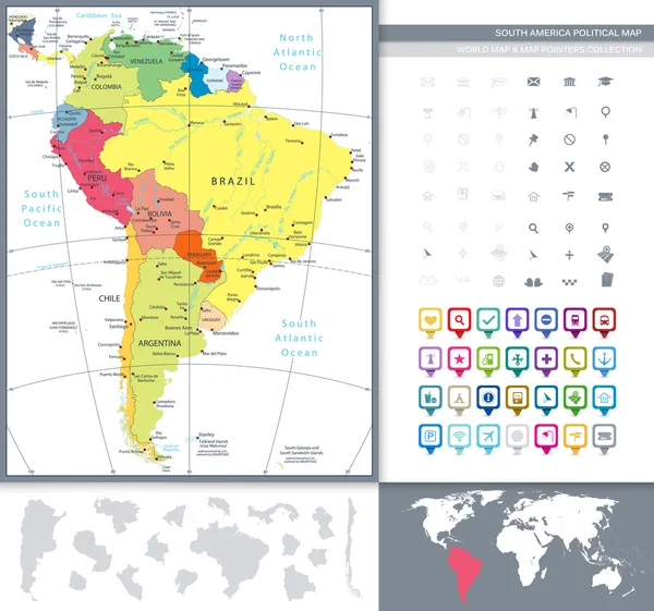 Politická Mapa Jižní Ameriky a mapa ukazatele — Stockový vektor